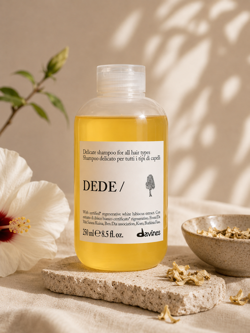 Dede shampoo bottle on a textured surface with a white flower and bowl in the background